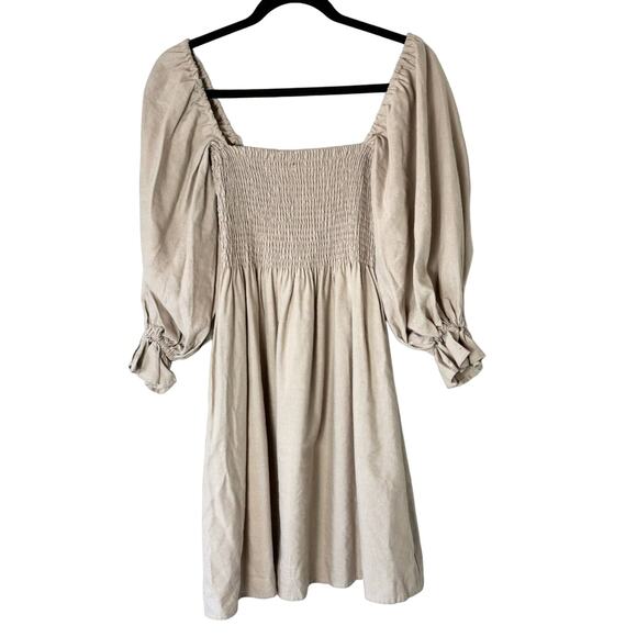 Kourt Tan Smocked Puff Sleeve Mini Dress Size XS - Picture 3 of 7